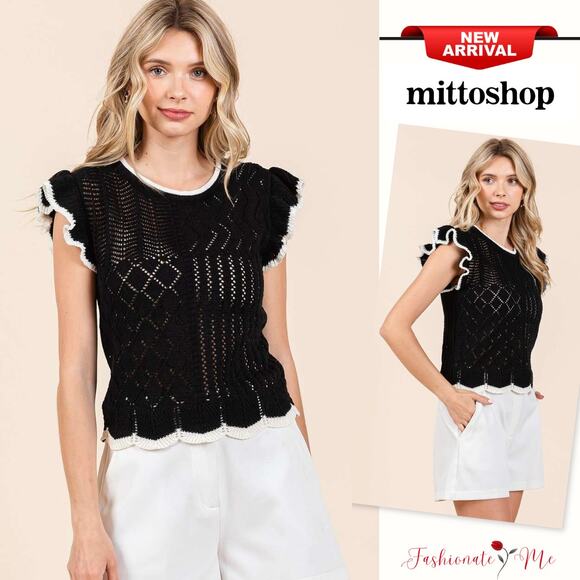 Mittoshop Multi Pattern Contrast Trim Ruffled Cap Sleeves Knit Sweater | Black - Picture 1 of 7